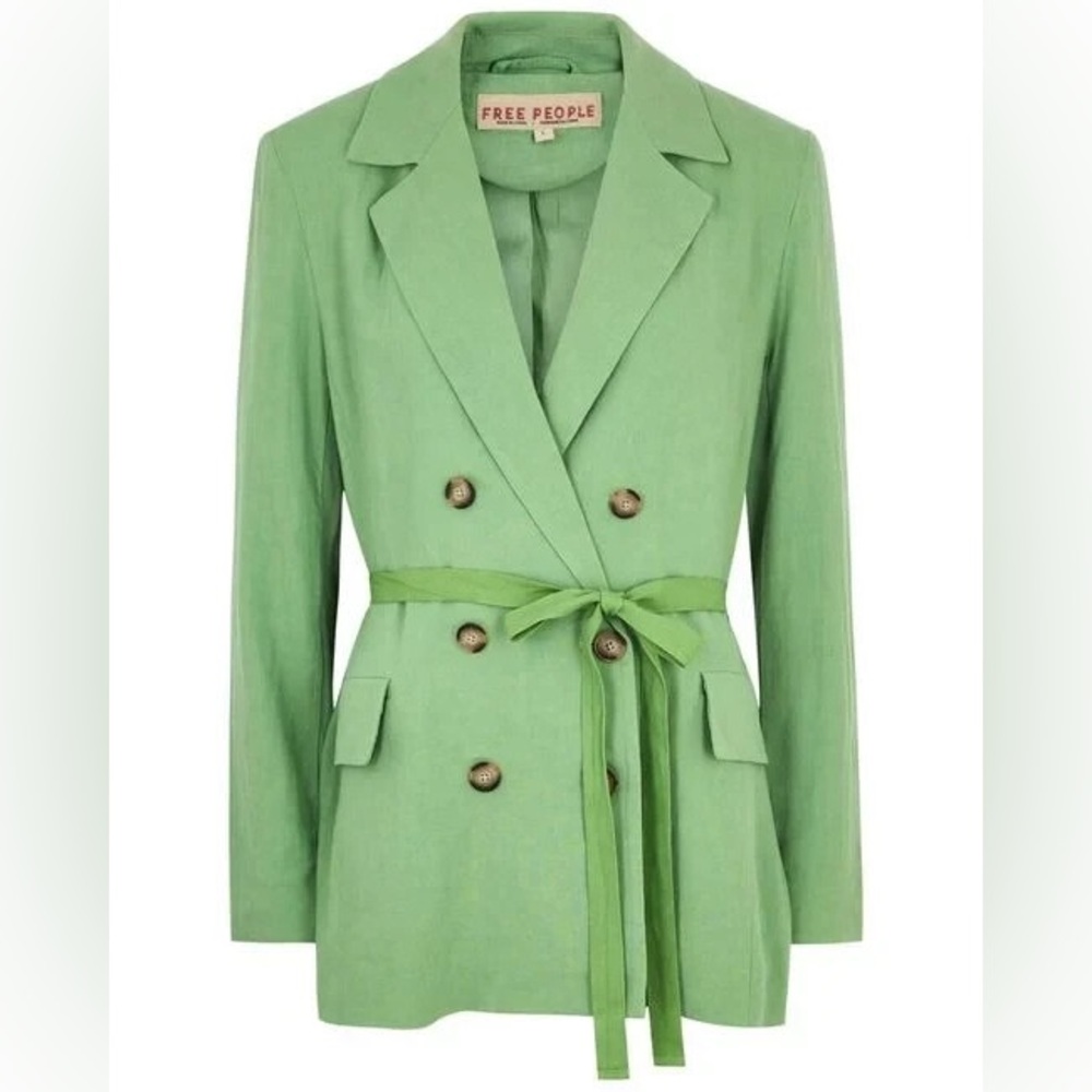 FP Free People Green “Grassland" Olivia Linen-Blend Blazer
